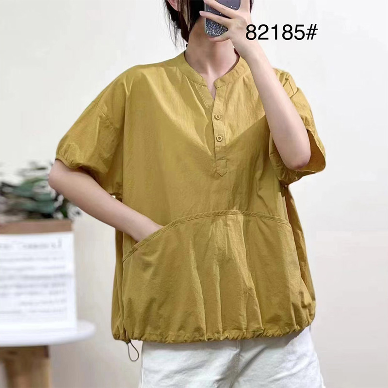 短袖衬衫女 纯棉大码V领新款上衣日系宽松夏季小众港味衬衣