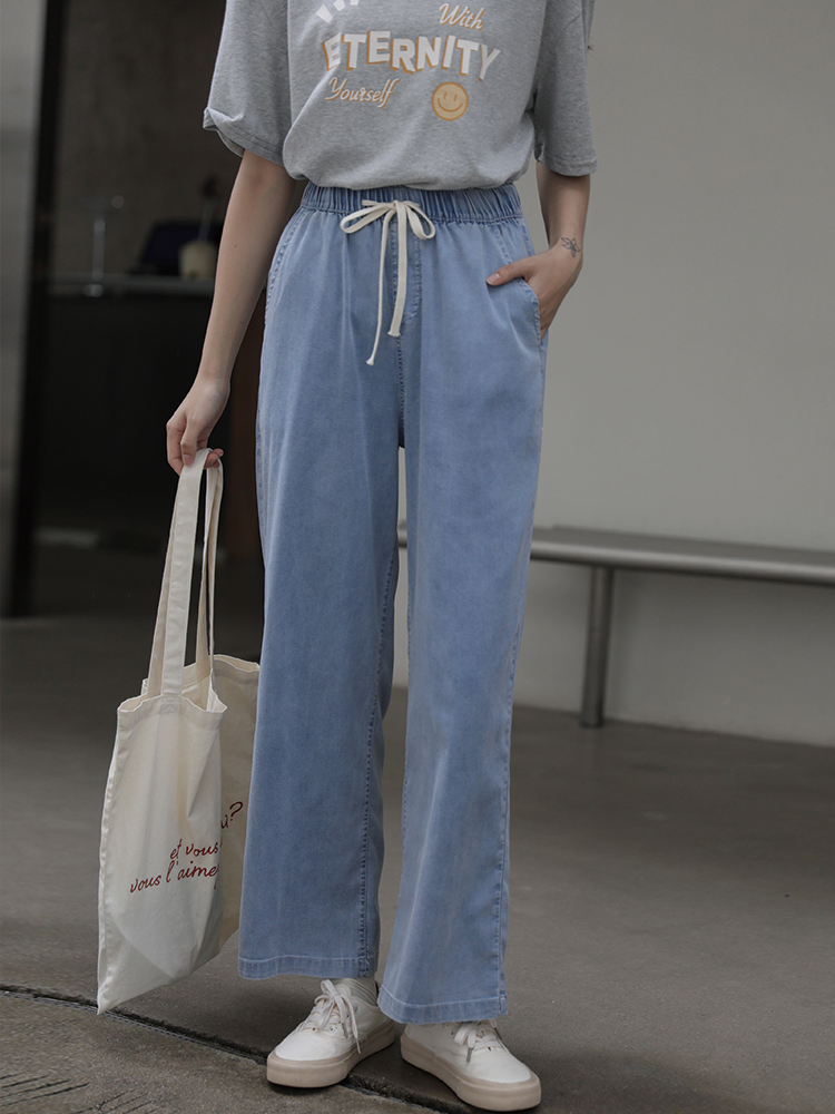 天丝系带直筒牛仔裤女薄款宽松显瘦长腿阔腿裤夏