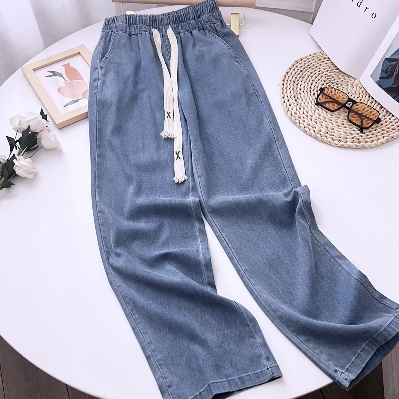 松紧腰天丝牛仔裤女宽松显瘦直筒阔腿裤夏款高腰冰丝薄款拖地长裤