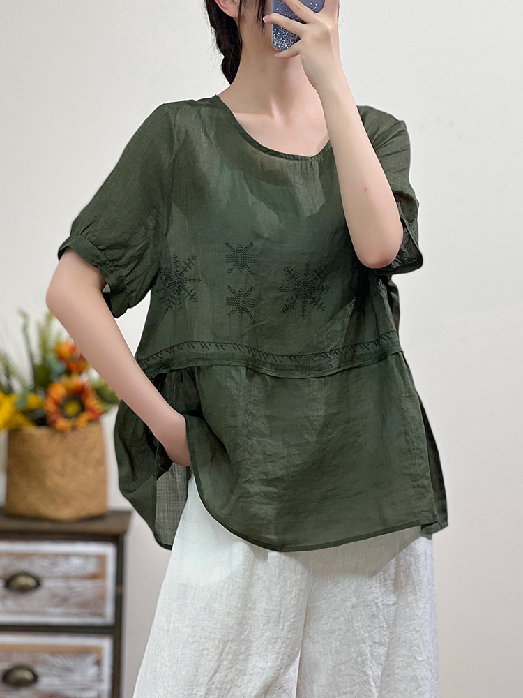 文艺纯色苎麻衬衣女士短袖衬衫夏季宽松圆领刺绣棉麻上衣女