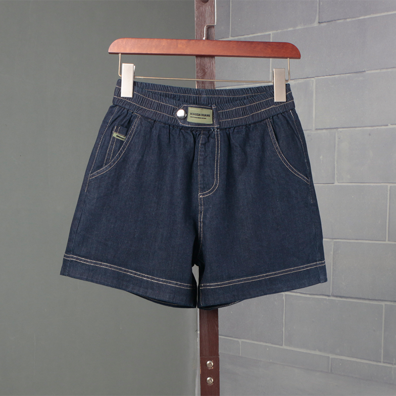 深蓝色牛仔短裤女高腰薄款夏季新款宽松大码水洗松紧腰阔腿裤