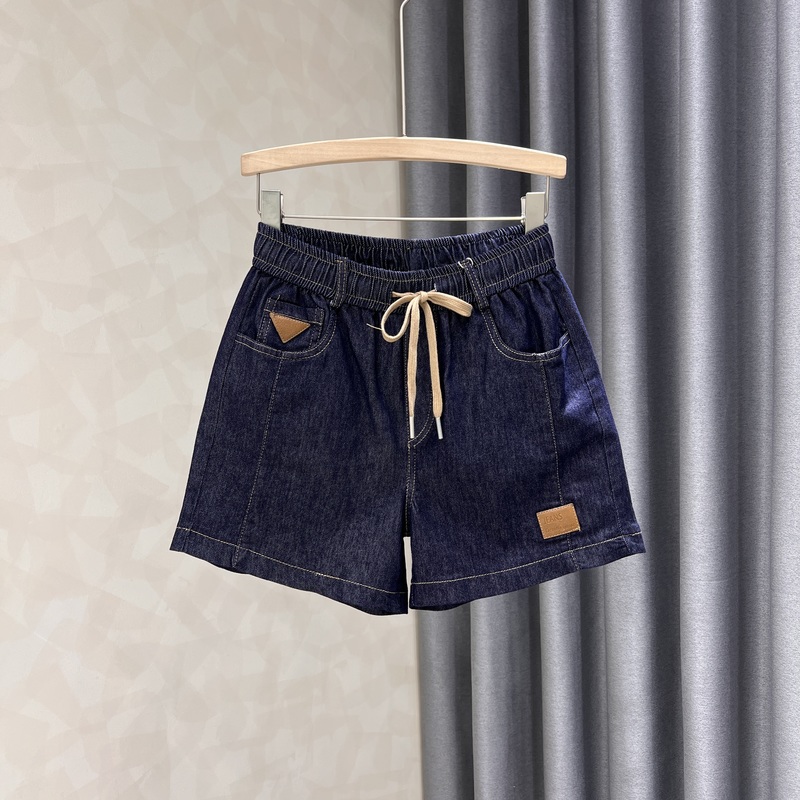 深蓝色牛仔短裤女新款宽松显瘦抽绳松紧腰显瘦高腰阔腿裤潮