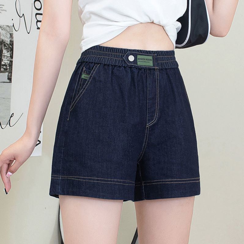 深蓝色牛仔短裤女高腰薄款夏季新款宽松大码水洗松紧腰阔腿裤