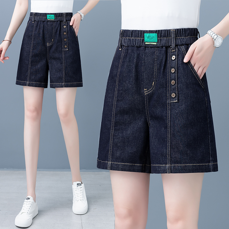 牛仔五分短裤女夏季新款松紧高腰直筒显瘦薄款宽松阔腿中裤