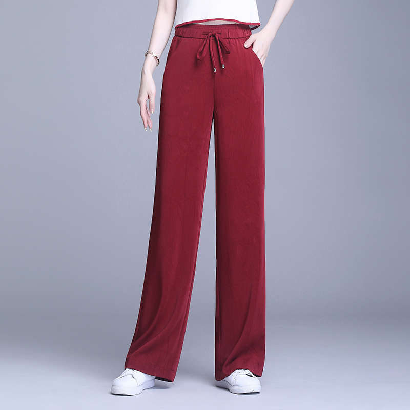 铜氨丝阔腿裤女夏季轻薄款高腰垂感酒红色宽松醋酸冰丝直筒垂垂裤
