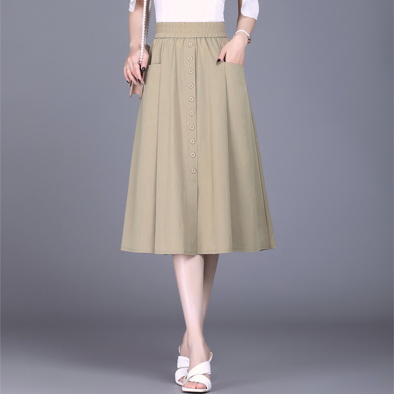 中长款松紧腰排扣A字半身裙夏天时尚休闲大码女士半截裙