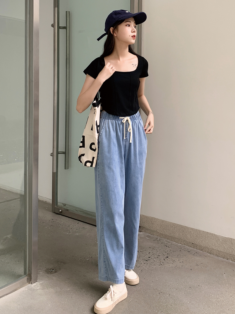 天丝系带直筒牛仔裤女薄款宽松显瘦长腿阔腿裤夏