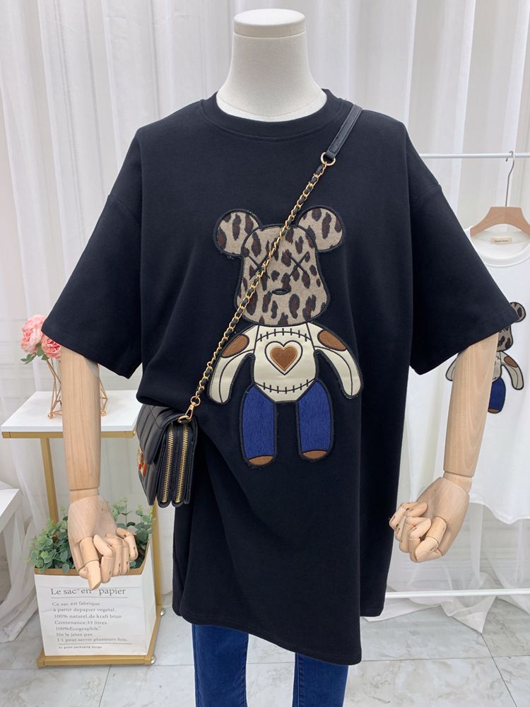 加厚磨毛t恤女短袖大码胖mm宽松显瘦刺绣小熊中长款过臀内搭