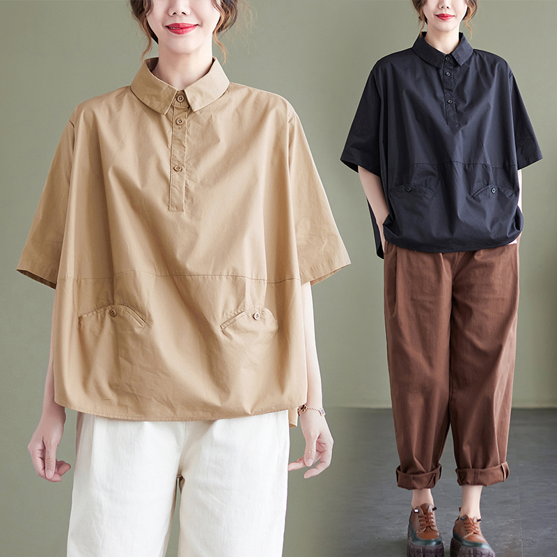 复古港味短袖衬衫女夏季胖妹妹宽松大码纯色百搭polo领套头衬衣潮