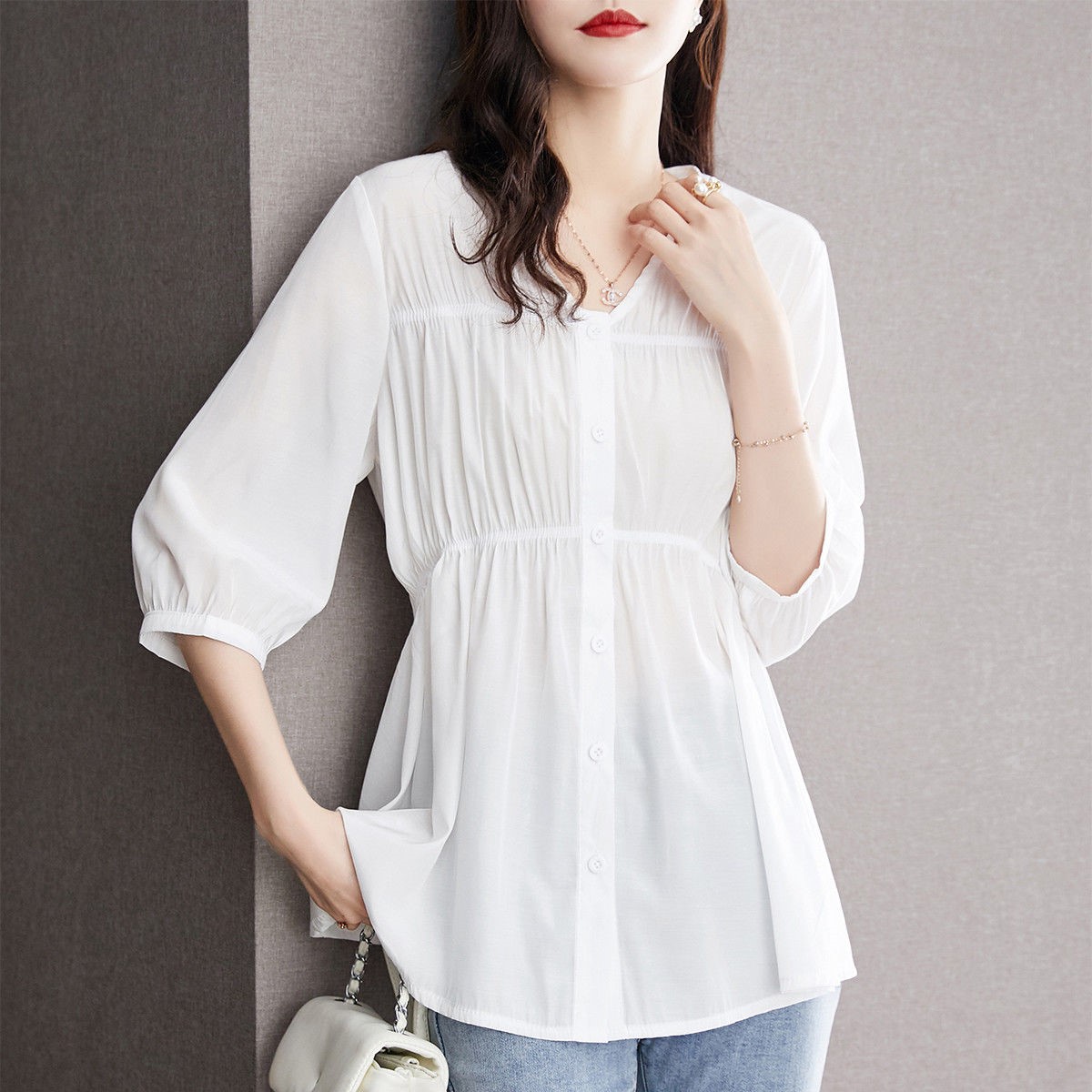 衬衫女士夏装新款上衣百搭时尚V领打底开衫中长款邦韵