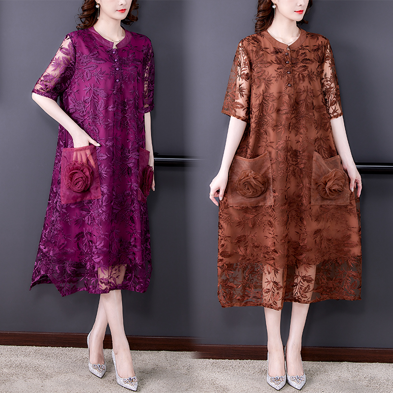 新款民族风宽松显瘦中长款蕾丝连衣裙