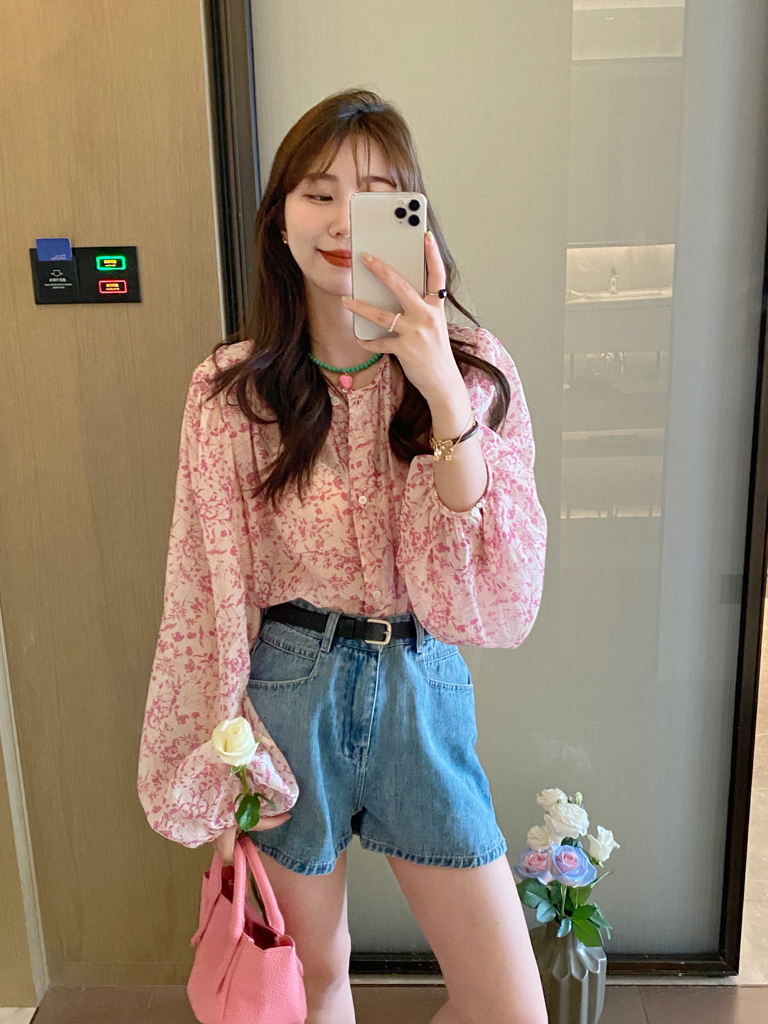 粉色碎花天丝防晒衫灯笼袖宽松上衣女夏