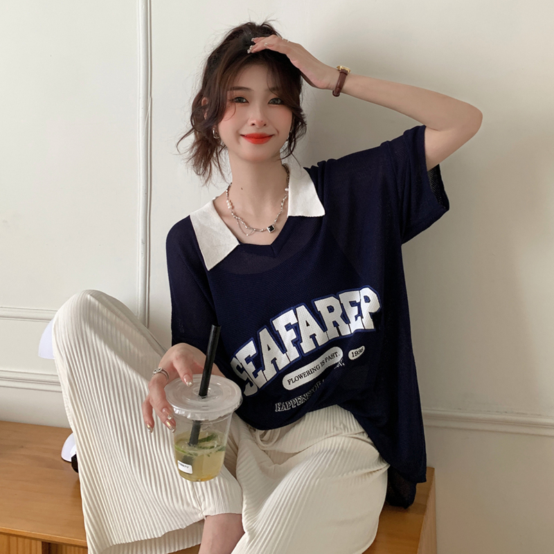 撞色翻领洋气短袖T恤夏季款宽松时尚气质BF风设计感上衣女