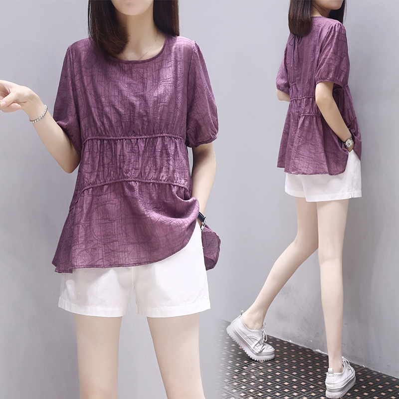 新款女装夏季宽松两件套暗纹上衣阔腿短裤收腰显瘦时尚套装女