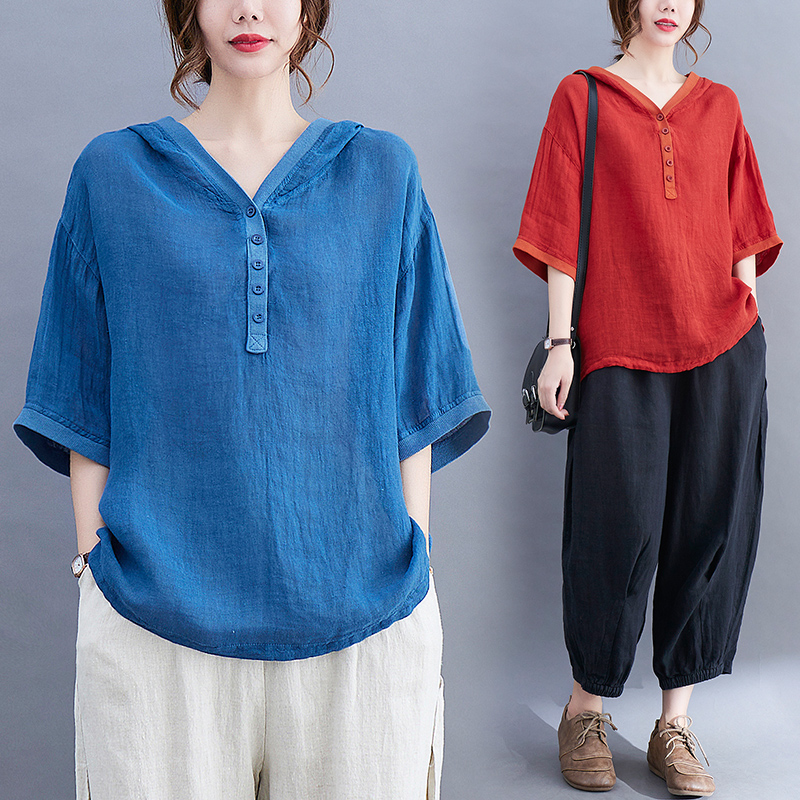 文艺复古连帽短袖T恤女夏季洋气棉麻半袖上衣胖妹妹大码亚麻小衫