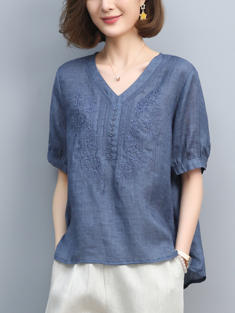 女装亚麻棉麻短袖t恤女苎麻V领上衣