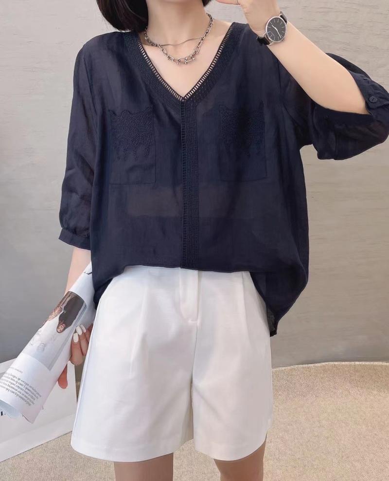 复古名族风苎麻衬衣夏季通勤套头V领宽松型优雅简约百搭上衣