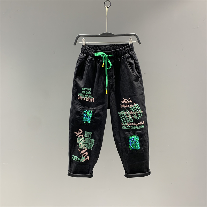 欧货松紧腰牛仔裤女字母印花亮片百搭宽松显瘦八分休闲老爹裤垮裤