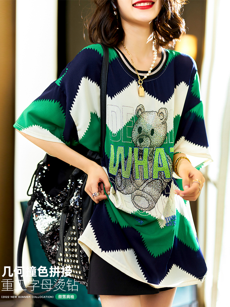 卡通烫钻大码t恤女新款设计感夏装欧货中长款短袖上衣