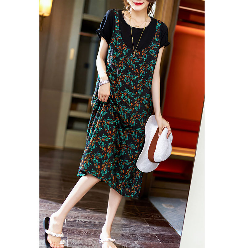 棉麻碎花连衣裙女假两件新夏显瘦欧货大码女宽松t恤背带裙子