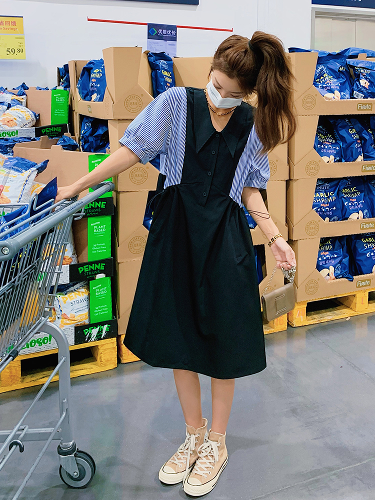 经典款假两件拼接条纹连衣裙女夏小个子宽松显瘦梨型身材收腰裙子