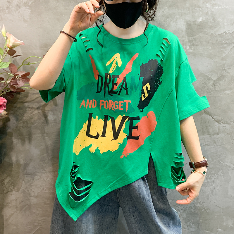 破洞不规则上衣潮宽松休闲趣味字母涂鸦短袖t恤女