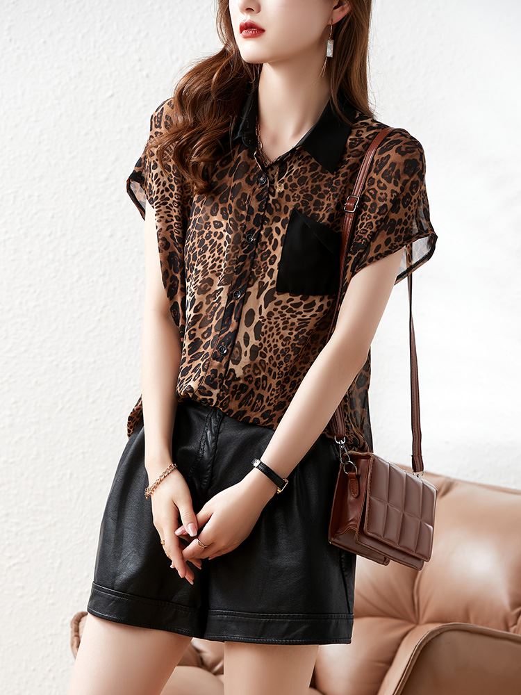 韩版别致薄款雪纺衬衫女短袖夏装新款女士豹纹衬衣时尚上衣