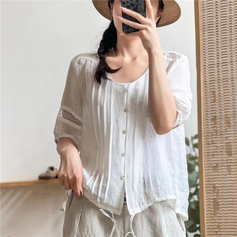 民族风V领苎麻上衣钩花镂空拼接褶皱蕾丝衫女薄开衫纯色拼接衬衫