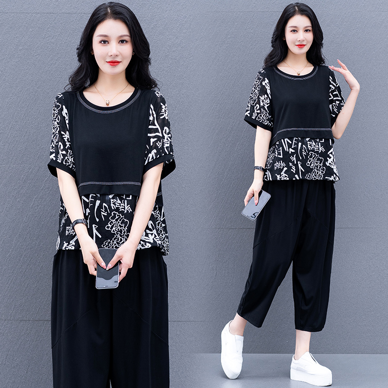 新款韩版宽松显瘦印花拼接两件套复古女休闲套装夏季薄款