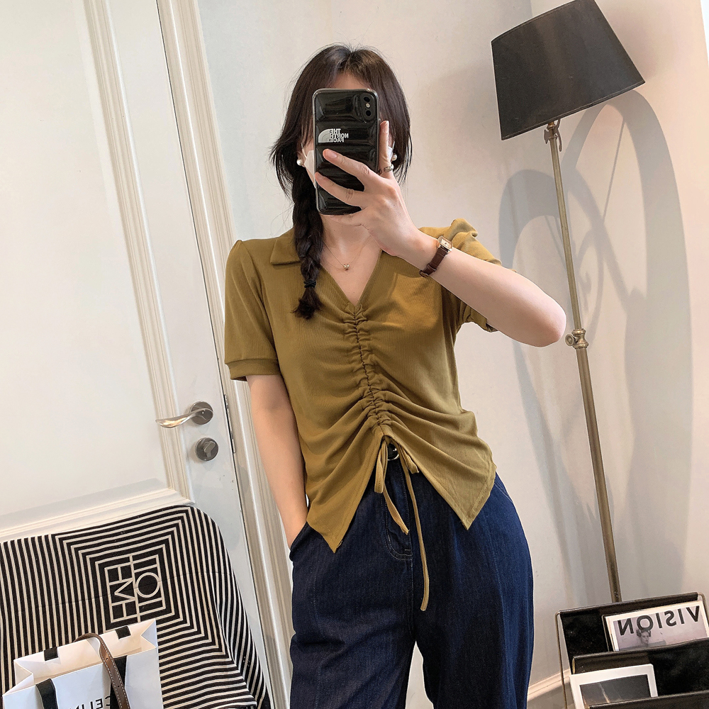 新款女装韩版时尚设计感抽绳短款POLO领上衣女潮
