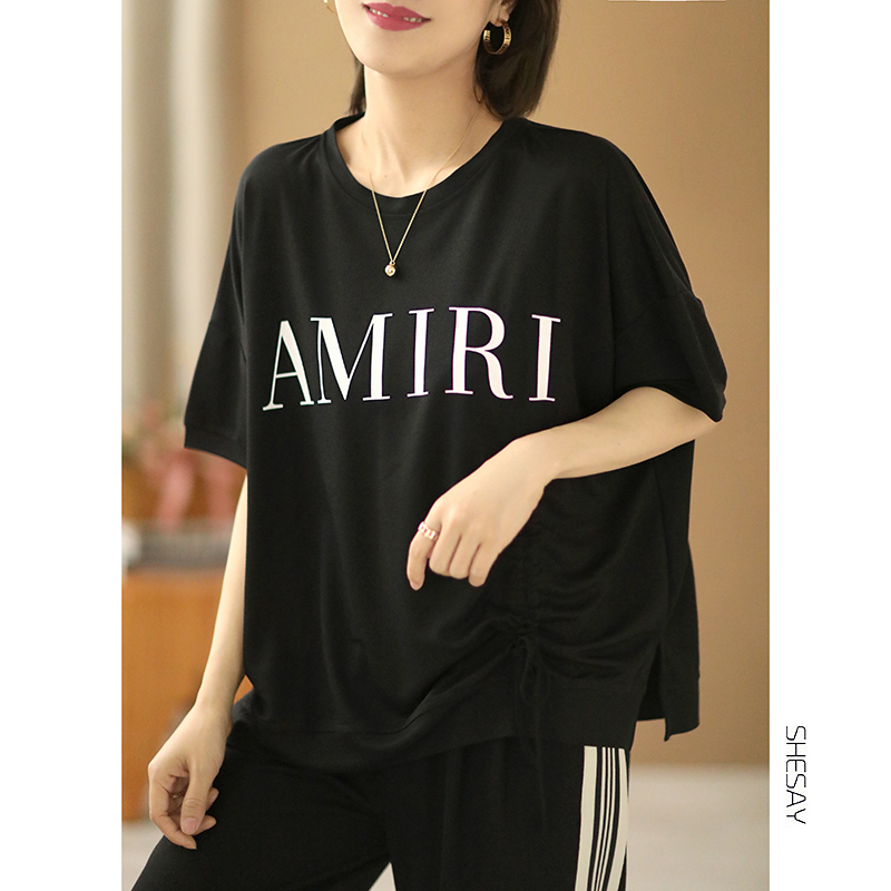 简约设计感 韩版休闲宽松大码侧摆抽绳字母印花圆领短袖T恤