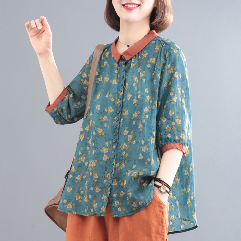新款韩版大码遮肉印花复古棉麻衬衫女夏短袖遮肚子上衣