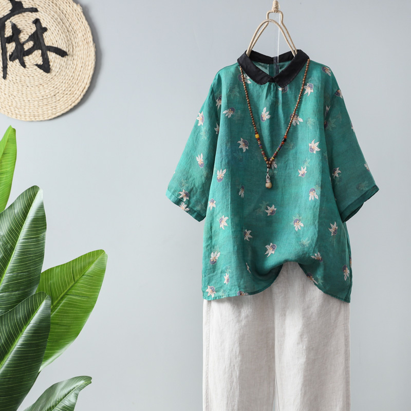夏季新款复古宽松印花亚麻短袖衬衫女文艺范百搭显瘦衬衣上衣