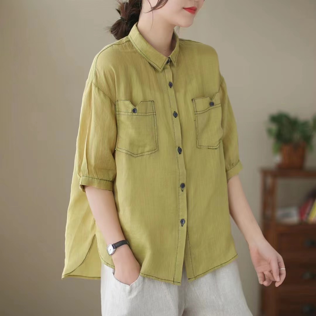 复古明线设计文艺大码女装胖女人夏季宽松百搭Polo领衬衫上衣