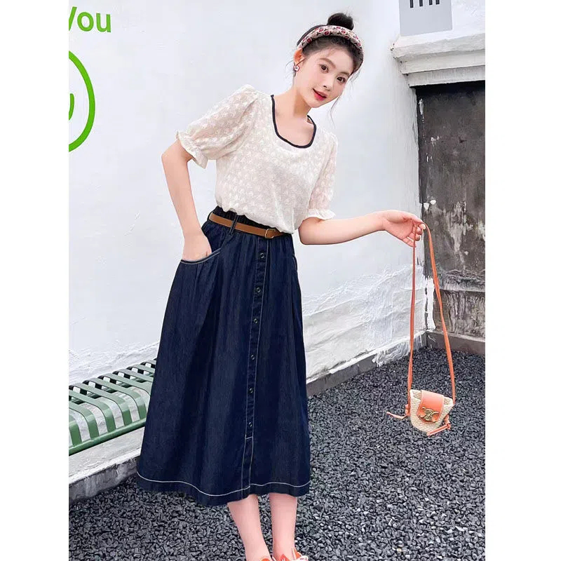 法式圆领泡泡袖雪纺衫女短袖夏季新款洋气时尚牛仔裙减龄套装