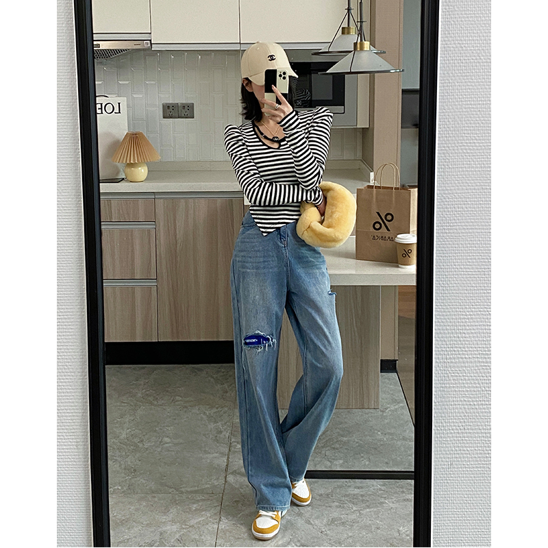 贴布破洞牛仔裤女高腰直筒裤新款春季宽松阔腿裤高街潮