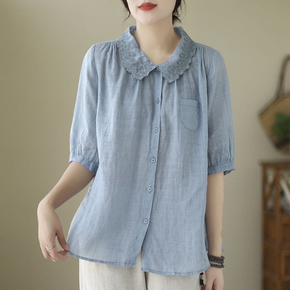 苎麻上衣宽松蕾丝翻领棉亚麻短袖衬衫