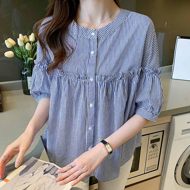 纯棉衬衣女夏条纹衬衫小个子落肩袖圆领衬衣宽松显瘦上衣短袖宽松
