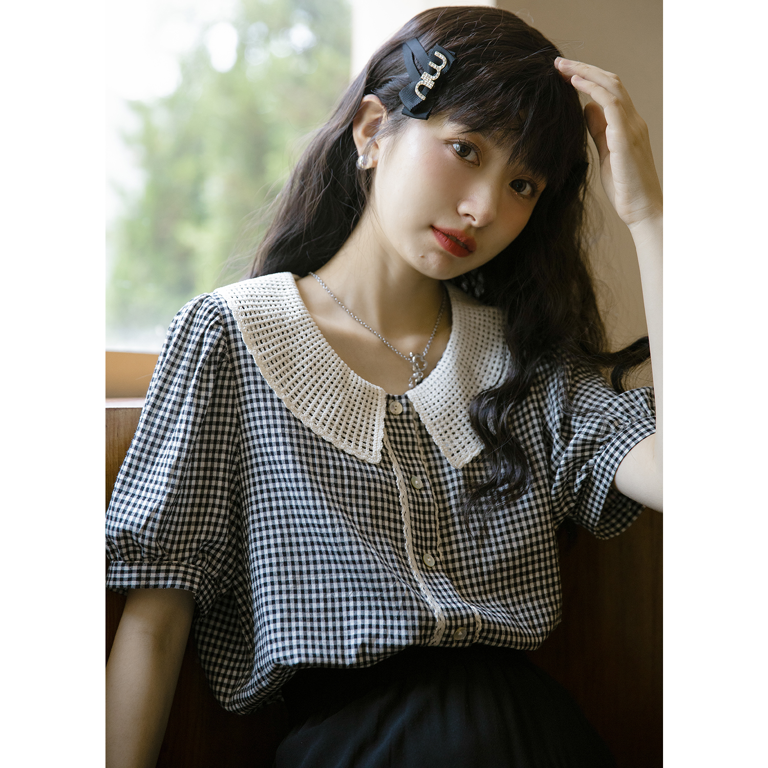 黑白格纹短袖衬衫女温柔短款减龄小众设计感法式复古上衣