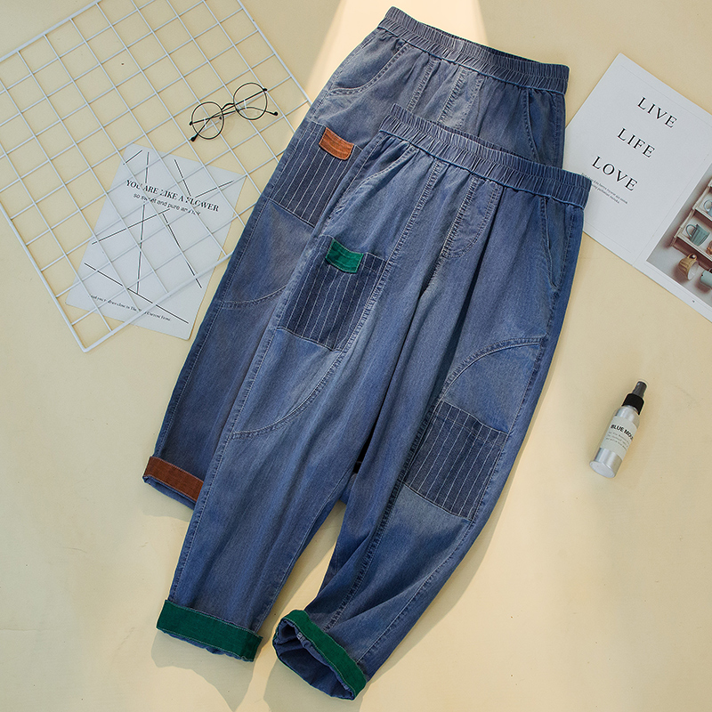夏季新款牛仔裤显瘦松紧腰九分裤高腰哈伦裤女