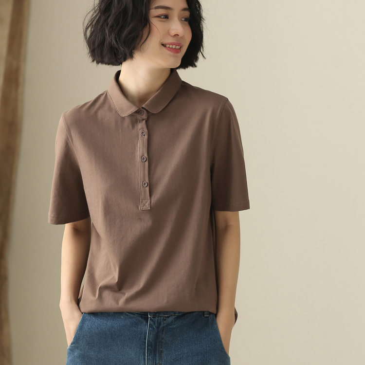 夏装新款日系文艺简约polo领宽松上衣女