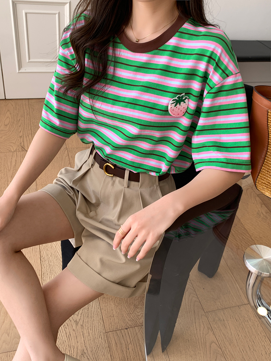 草莓T 色织条纹圆领撞色条纹立体牙刷绣宽松休闲短袖T恤