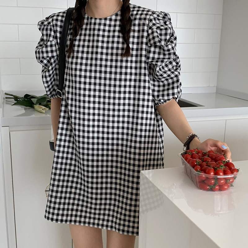 复古泡泡袖少女宽松格子连衣裙潮宽松腰