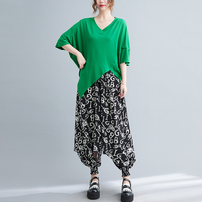 文艺范宽松显瘦百搭蝙蝠袖不规则上衣纯色套头v领短袖t恤