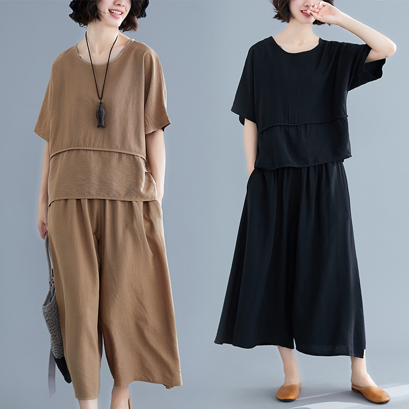 夏新款文艺大码显瘦纯色不规则拼接上衣松紧腰休闲阔腿裤时尚套装