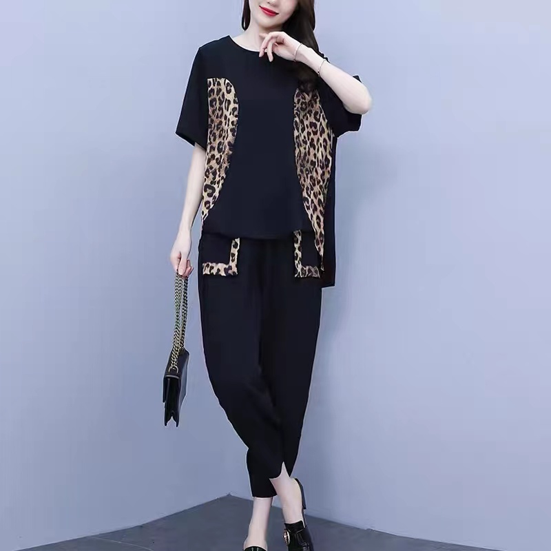 夏季新品纯色豹纹拼接休闲套装