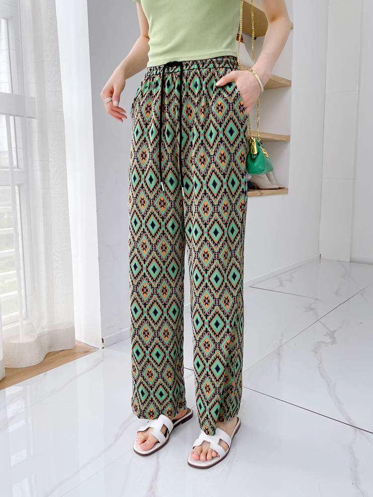 撞色菱格休闲裤女夏季新款韩系薄款垂顺直筒阔腿裤长裤