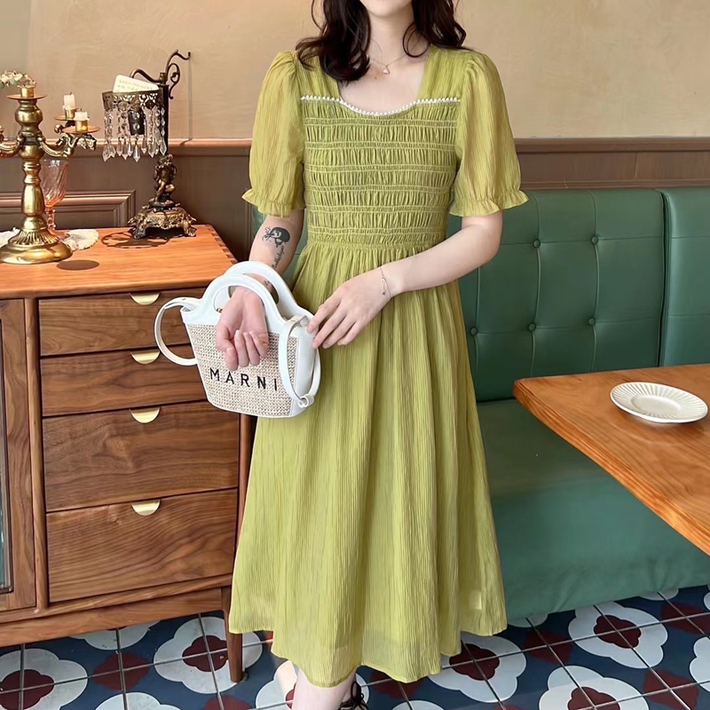 夏季高级感气质钉珠方领泡泡袖赫本风设计感a字裙