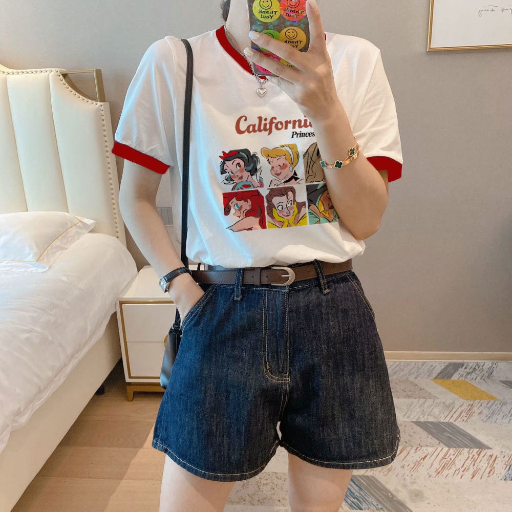 新款纯棉撞色白色t恤女夏短袖ins潮宽松卡通时尚印花半袖上衣