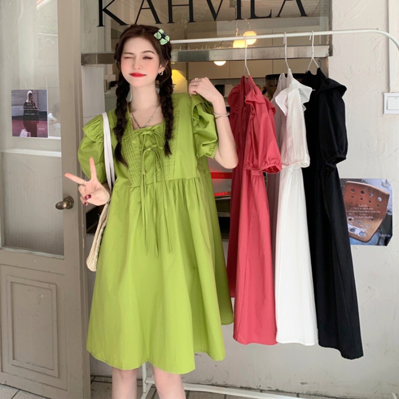 夏季新款甜美大码木耳边宽松减龄压褶绑带方领飞飞袖连衣裙女